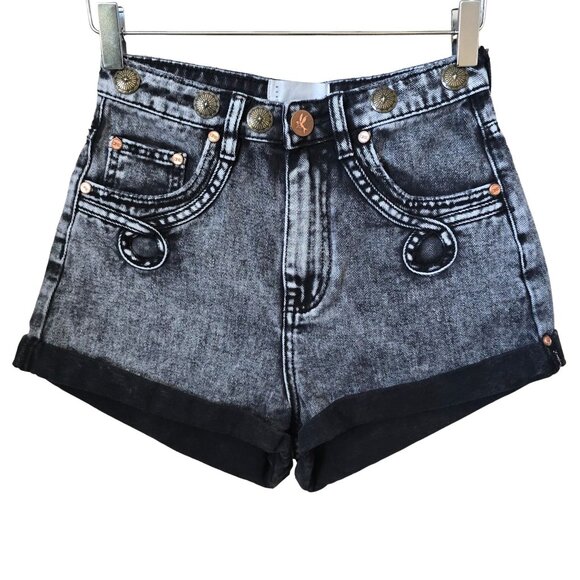 One Teaspoon Bandits Shorts 25 High Waist Western Acid Wash Black Gray Denim